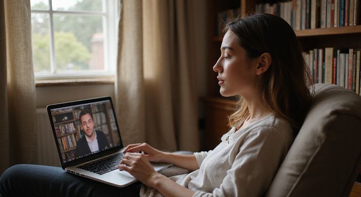 Een vrouw werkt geconcentreerd op haar laptop in een gezellige kamer.