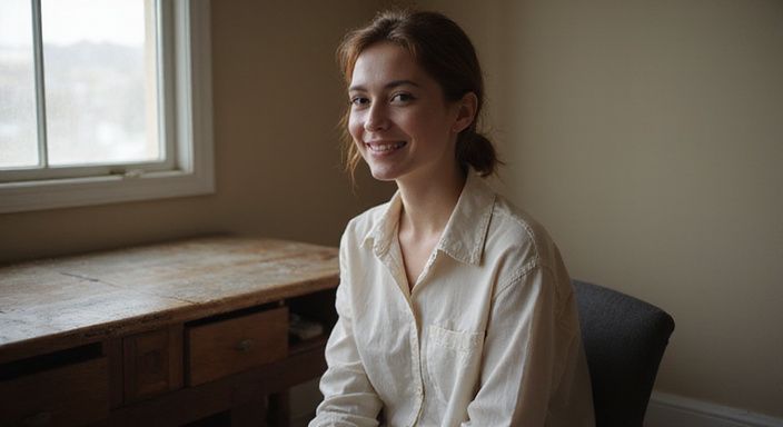 Een jonge vrouw glimlacht vanuit een bescheiden, gezellige kamer.
