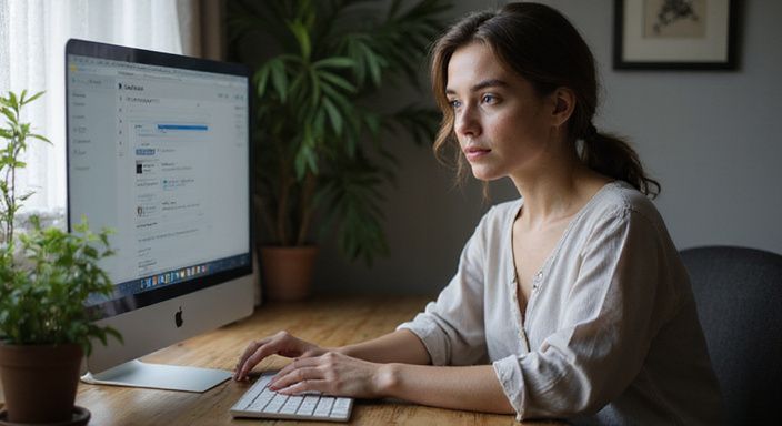 Een jonge vrouw zit geconcentreerd achter een houten bureau.