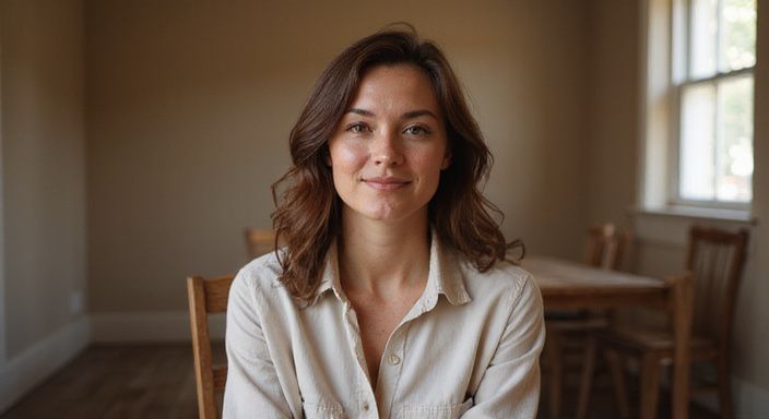 Een vrouw in een comfortabele blouse, ontspannen tijdens een online gesprek over grote tieten webcamsex.