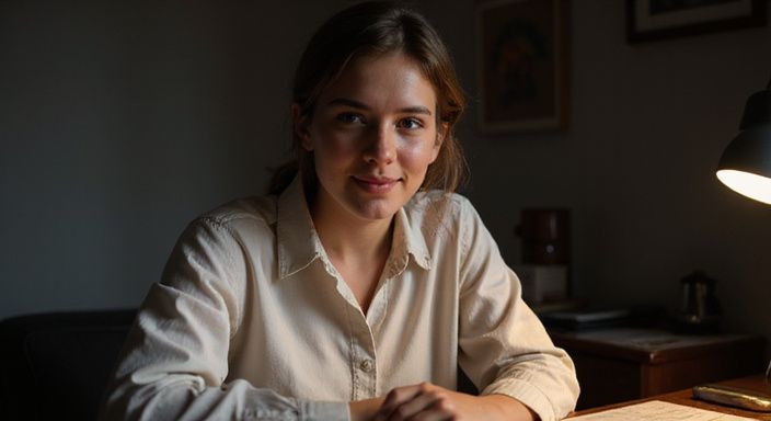 Een jonge vrouw met een ontspannen houding en een oprechte glimlach.