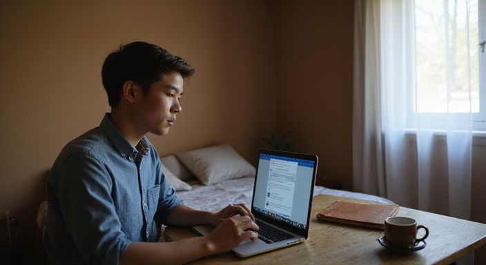 Een jonge volwassene zoekt op een laptop naar grote tieten webcamsex.