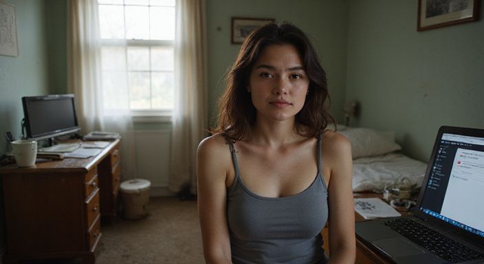 Een webcammodel geeft een solo-show voor grote tieten webcamsex in een bescheiden slaapkamer.