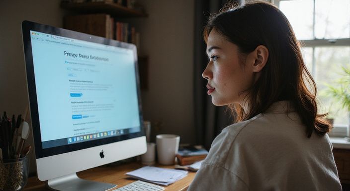 Een vrouw werkt geconcentreerd aan een bureau met een computer.