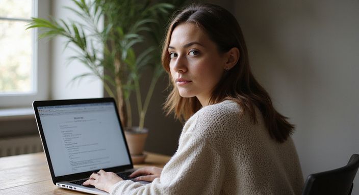 Een vrouw werkt geconcentreerd aan haar laptop in een thuisbureau.