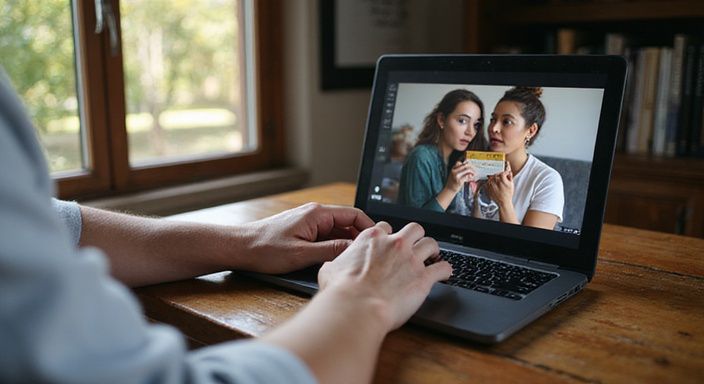 Een persoon gebruikt een laptop terwijl hij een creditcard vasthoudt.