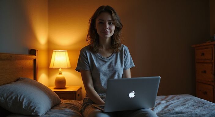 Een vrouw werkt geconcentreerd op haar laptop in een gezellige slaapkamer.