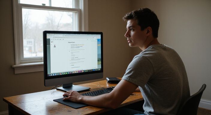Een jonge volwassene zoekt op een computer naar Lesbische webcamsex.