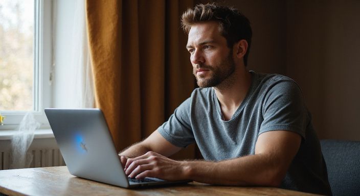 Een man in zijn dertiger jaren kijkt op een laptop naar lesbische webcamsex.