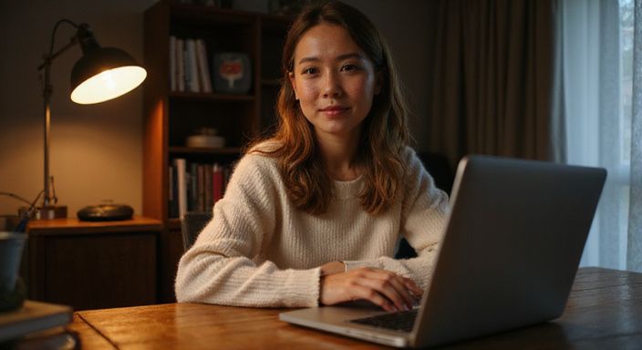 Een vrouw luistert ontspannen naar een online video-oproep aan een bureau.