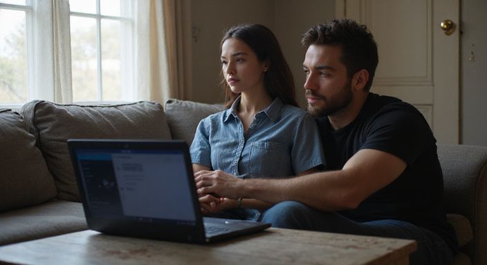 Een jong stel zit samen op een bank met een laptop en kijken naar lesbische webcamsex.