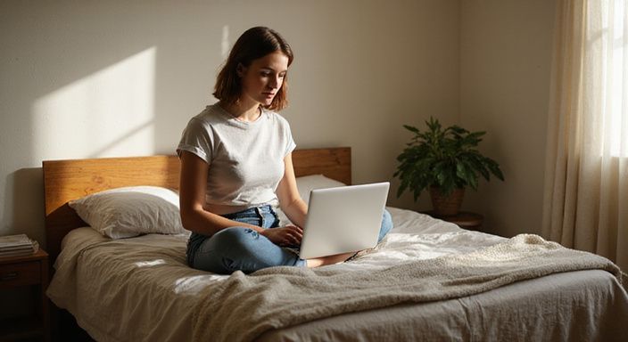 Een vrouw zit ontspannen op bed en gebruikt haar laptop.