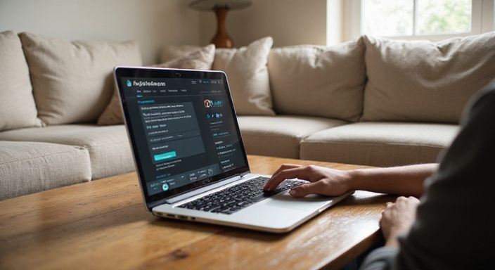 Een persoon gebruikt een laptop met een online streamingplatform in de woonkamer.