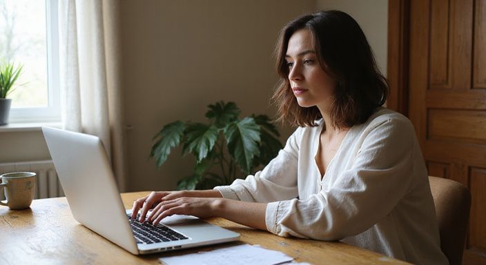 Een vrouw werkt geconcentreerd aan haar laptop met een creditcard.