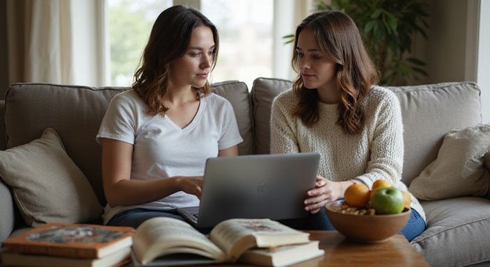 Twee jonge vrouwen ontspannen op een bank met laptops en boeken.