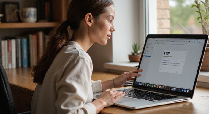 Een vrouw werkt geconcentreerd aan haar laptop aan een bureau.