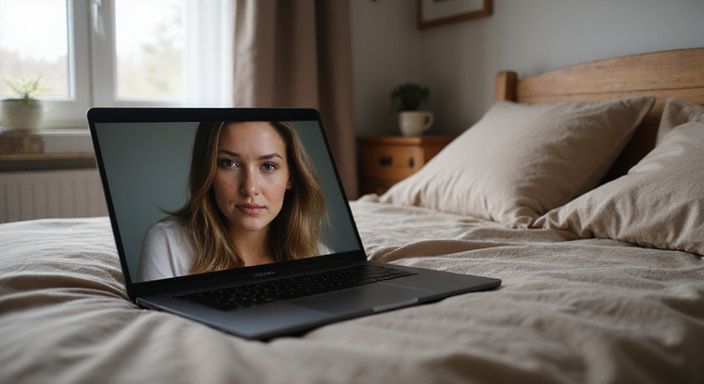 Een bed met een laptop en een vrouw in een livestream.