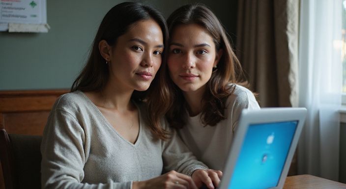 Twee vrouwen aan een bureau tijdens een online interactie.
