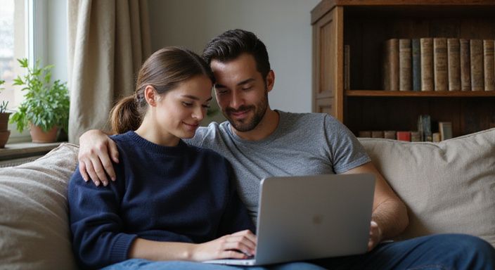 Een stel op de bank kijkt samen op een laptop naar lesbische webcamsex.