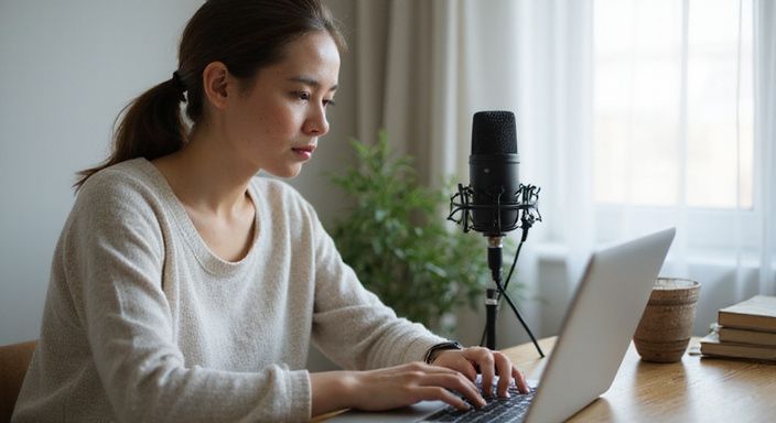 Een vrouw werkt geconcentreerd aan haar laptop in een thuisomgeving.