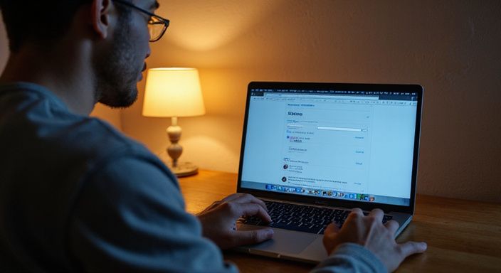 Een persoon werkt geconcentreerd aan een laptop aan een houten bureau en zoekt milf webcamsex.