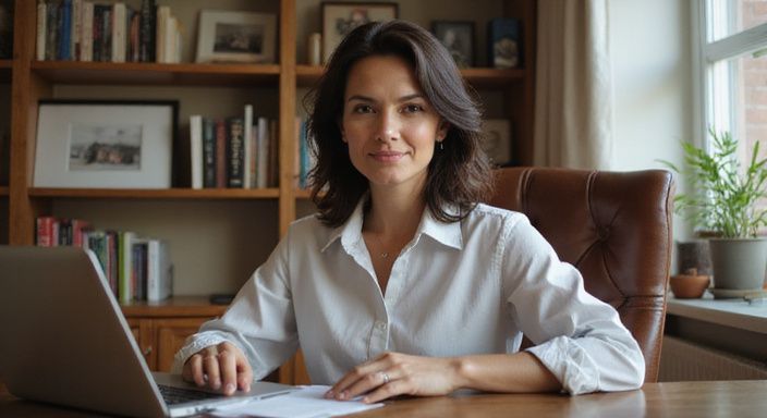 Een vrouw in haar veertig, ontspannen in een kantooromgeving.