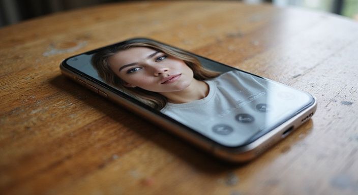 Een moderne smartphone toont een vrouw in een webcaminterface voor milf webcamsex.