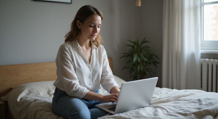 Een vrouw in casual kleding zit geconcentreerd op de rand van een bed en wil milf webcamsex.