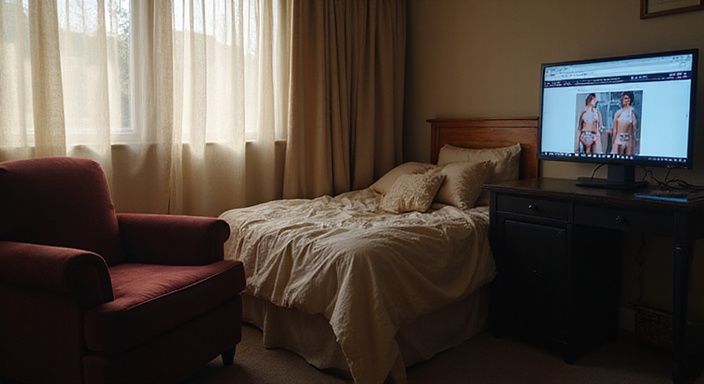 Een gezellige slaapkamer met een computer en lingerie op het scherm.