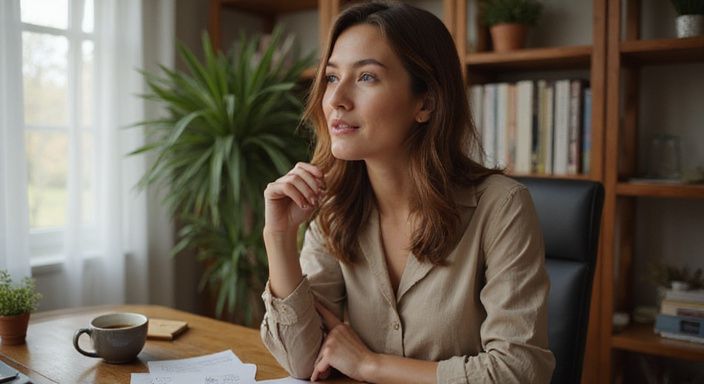 Een vrouw in een huiselijke kantoorruimte tijdens een livestream voor milf webcamsex.