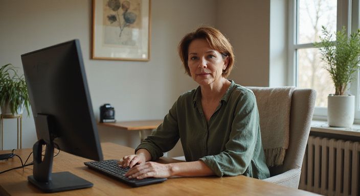 Een volwassen vrouw zit zelfverzekerd achter een bureau in haar thuiskantoor.