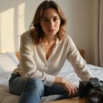 Een vrouw zit ontspannen op een bed met een microfoon