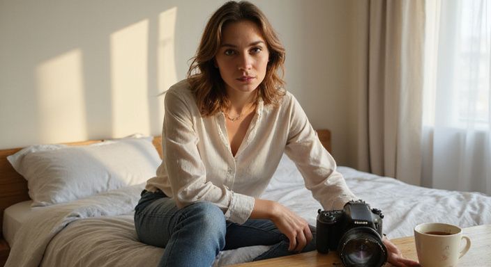 Een vrouw zit ontspannen op een bed met een microfoon.