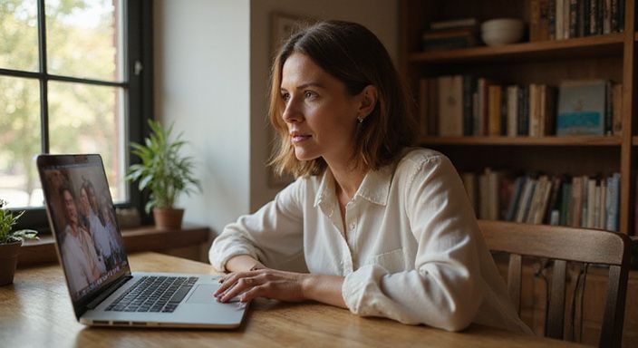 Een vrouw in een thuiswerkruimte tijdens een video call.