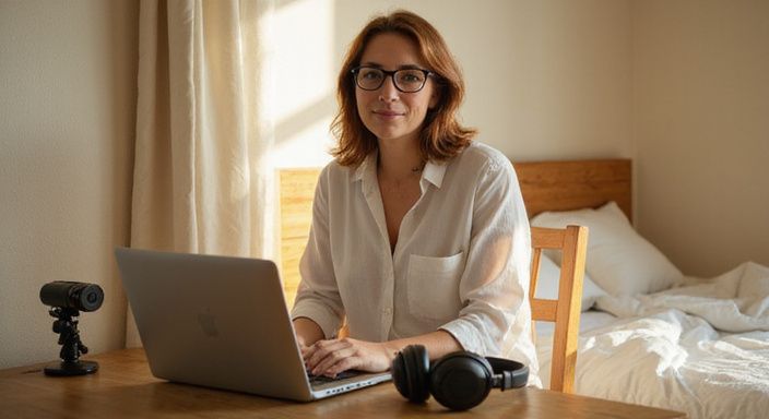 Een vrouw in haar vroege veertig met een laptop en microfoon.