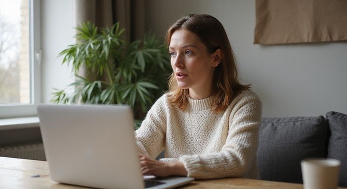 Een vrouw in een comfortabele woonkamer spreekt geconcentreerd tegen een laptop. Een vrouw in een comfortabele woonkamer spreekt geconcentreerd tegen een laptop.