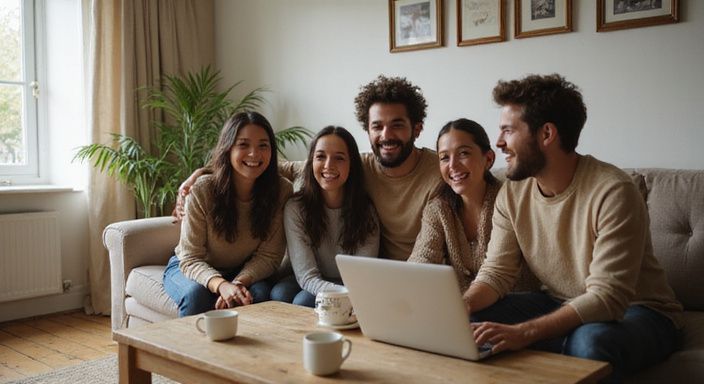 Een groep vrienden lacht samen op een comfortabele bank. Een groep vrienden lacht samen op een comfortabele bank.