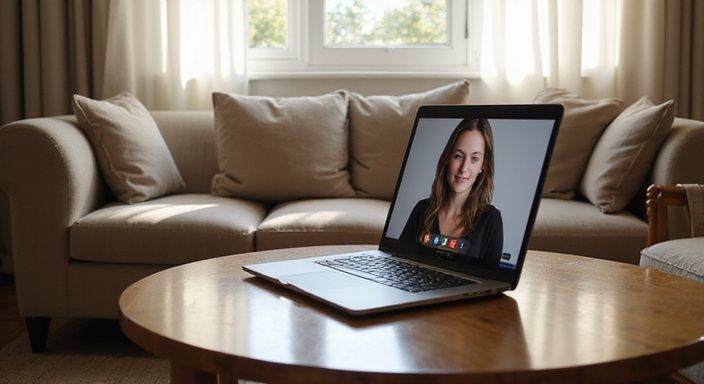 Gezellige woonkamer met videoconferentie en stijlvolle inrichting. Gezellige woonkamer met videoconferentie en stijlvolle inrichting.