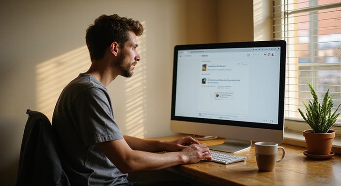 Een persoon werkt geconcentreerd aan een bureau met een computer. Een persoon werkt geconcentreerd aan een bureau met een computer.