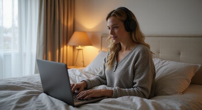 Een vrouw zit ontspannen op een bed met een laptop. Een vrouw zit ontspannen op een bed met een laptop.