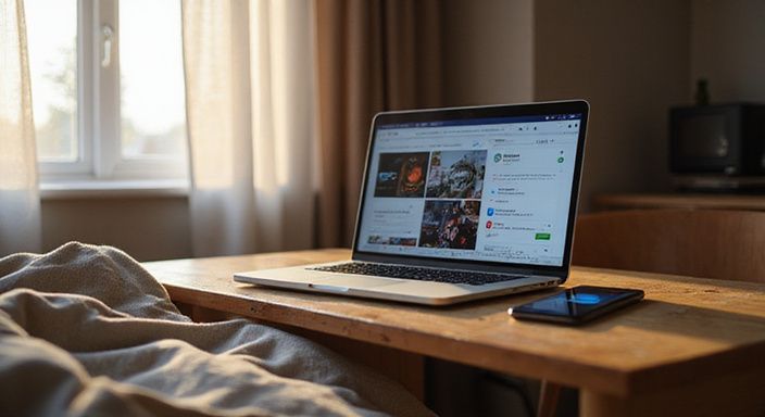 Een slaapkamer met een bureau, laptop en smartphone in gebruik. Een slaapkamer met een bureau, laptop en smartphone in gebruik.