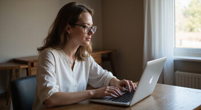 Een vrouw werkt geconcentreerd aan haar laptop aan een bureau. Een vrouw zoekt op haar laptop naar webcamsex met Nederlandse meiden.