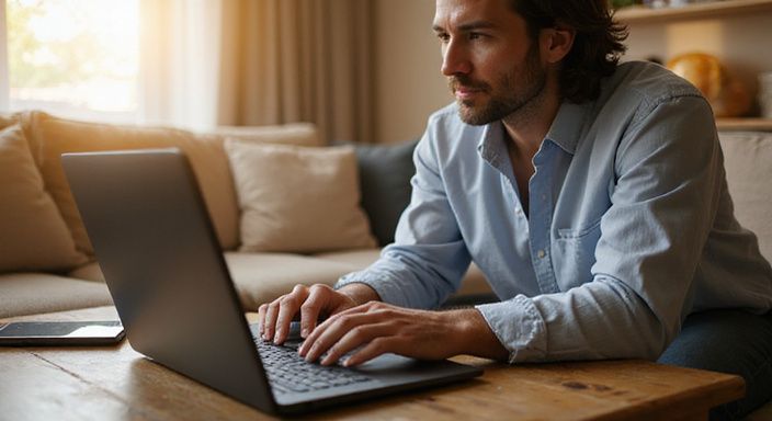 Een persoon werkt geconcentreerd op een laptop in de woonkamer. Een persoon zoekt op een laptop naar webcamsex met Nederlandse meiden.
