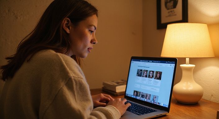 Een jonge vrouw heeft een geconcentreerd gesprek via webcam. Een jonge vrouw heeft een geconcentreerd gesprek via webcam tijdens haar webcamsex met Nederlandse meiden.