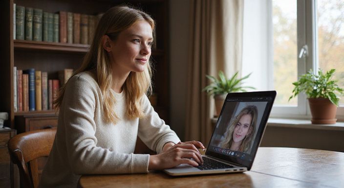 Een jonge vrouw werkt ontspannen aan haar laptop in een gezellige kamer. Een jonge vrouw werkt ontspannen aan haar laptop in een gezellige kamer.