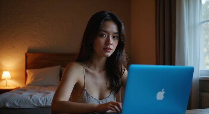 Een jonge vrouw werkt geconcentreerd aan haar laptop aan een bureau. Een jonge vrouw zoekt op haar laptop naar webcamsex met Nederlandse meiden.