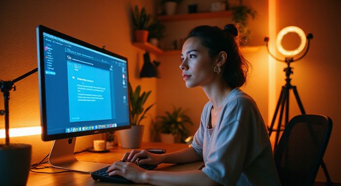 Een vrouw in een compacte slaapkamer studio werkt geconcentreerd achter haar bureau.