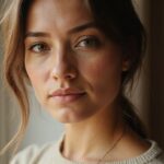 Een vrouw met natuurlijke huid en realistische texturen in haar kleding