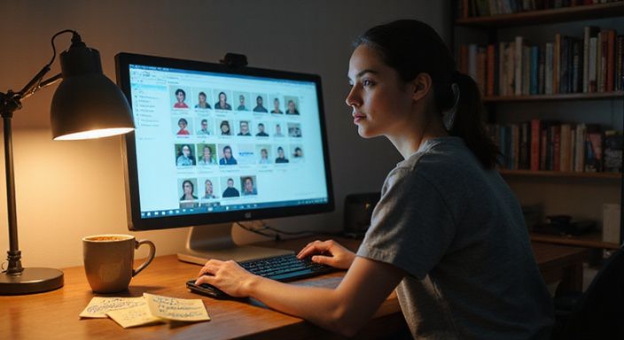 Een vrouw in een comfortabele thuiswerkruimte, geconcentreerd op videoconferentie en wil webcamsex met slanke meiden.