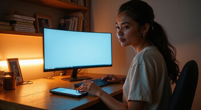 Een vrouwelijke student in een ontspannen houding achter een bureau.